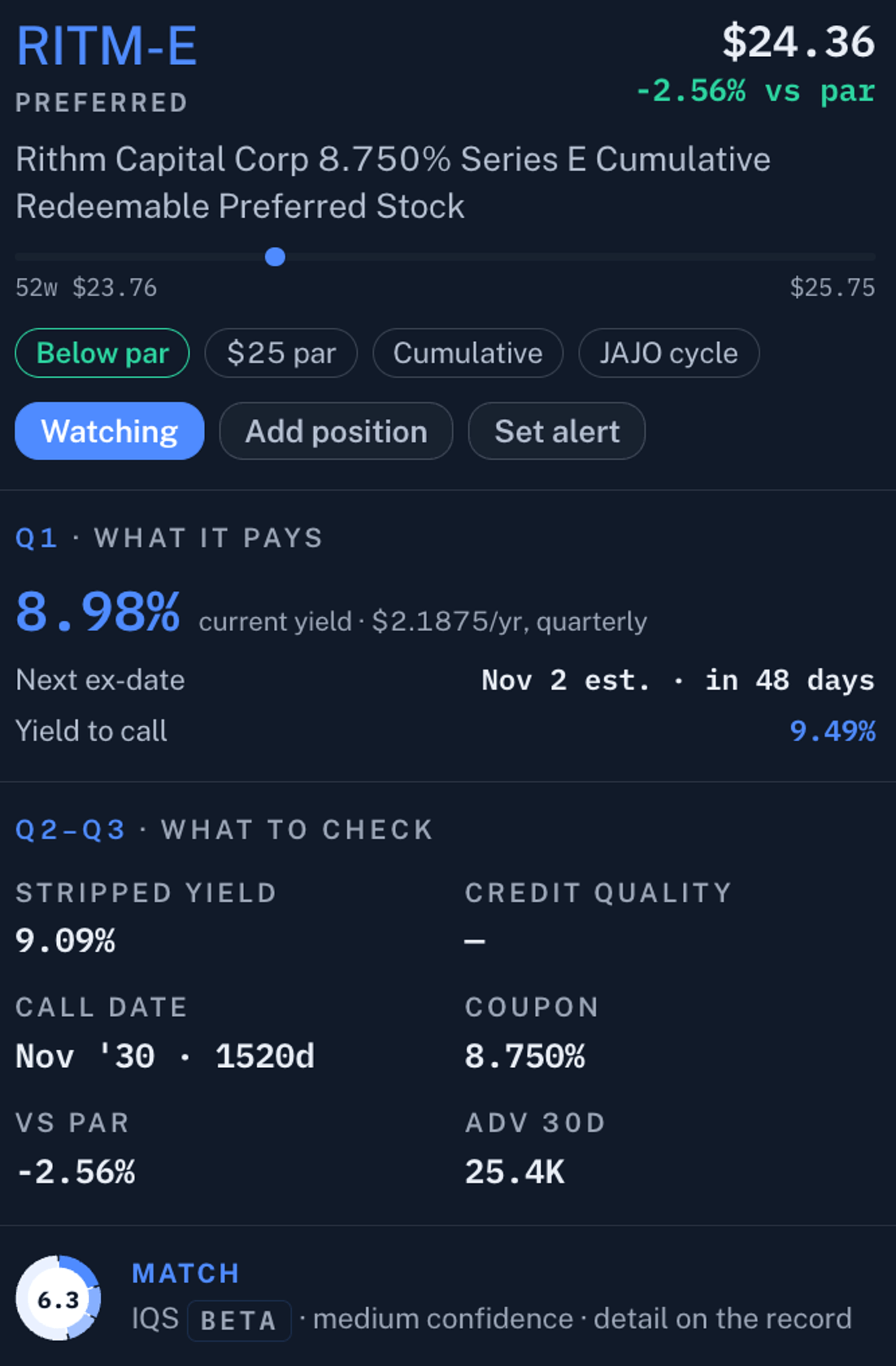 A preferred record page: RITM-E with price versus par, current yield, next ex-date, and yield to call