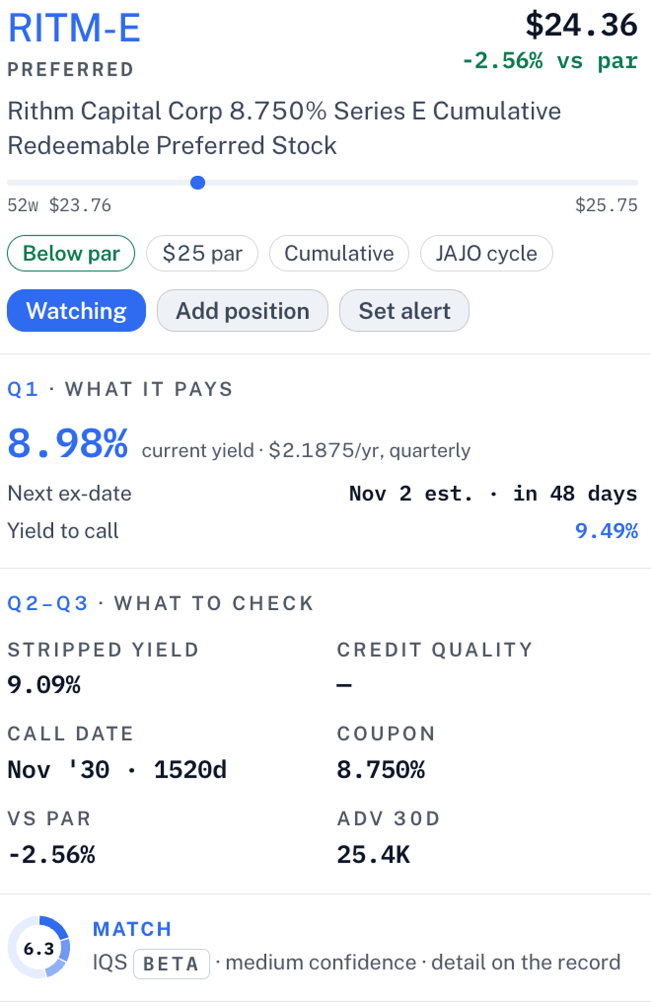 A preferred record page: RITM-E with price versus par, current yield, next ex-date, and yield to call